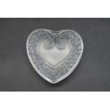 A boxed French Lalique heart shaped lidded frosted glass trinket box. Signed to base. With