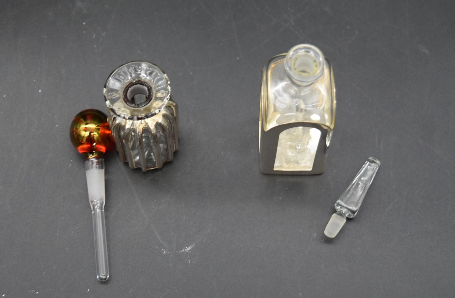 A collection of eight glass perfume bottles, hand painted and silver mounted, various hallmarks, H. - Image 10 of 14