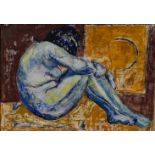 A framed oil on board, expressionist nude study, indistinctly signed and dated. H.110 W.55cm