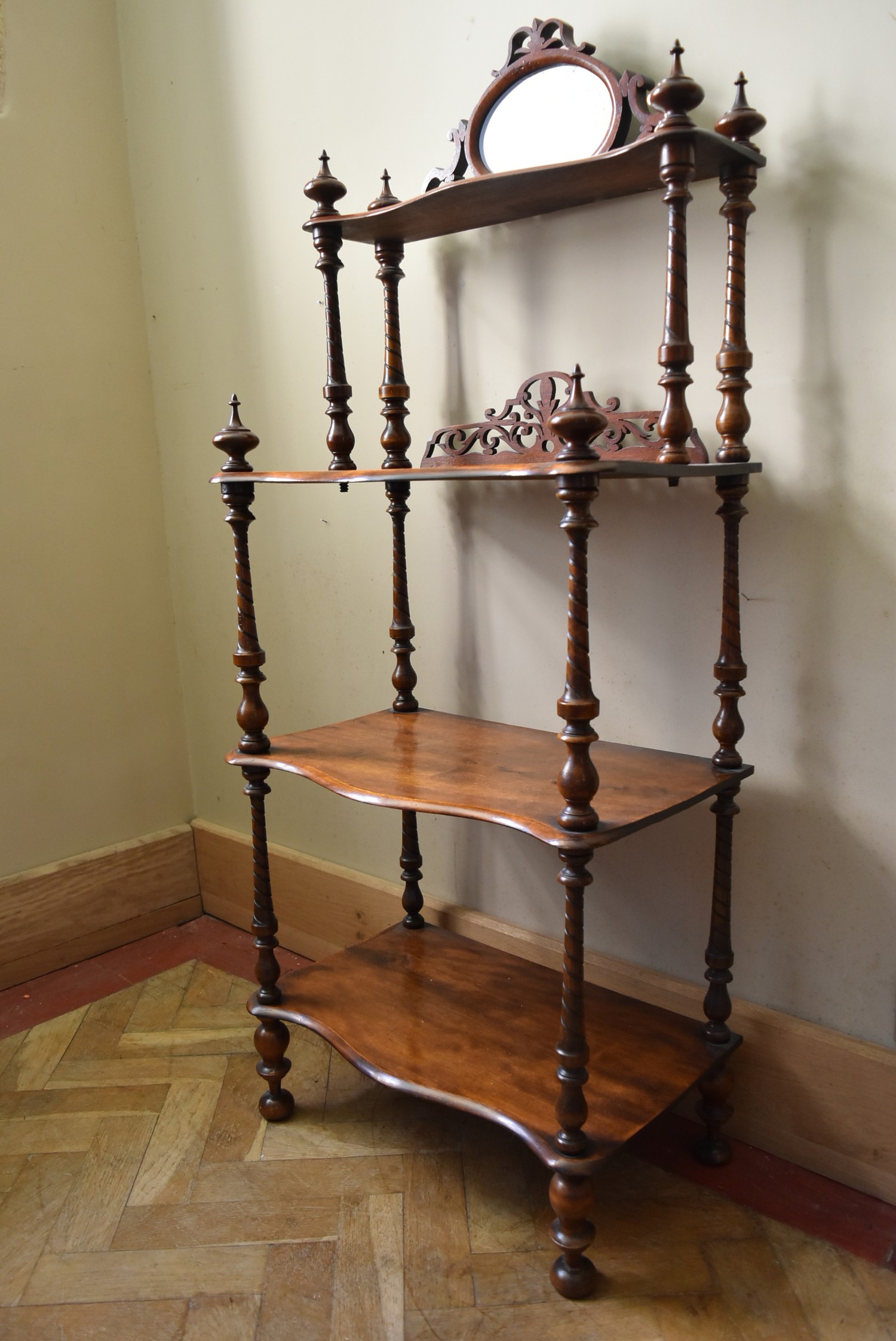 A Victorian rosewood four tier whatnot with pierced carved and mirrored back on turned supports. H. - Image 2 of 5