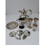 A collection of silver plated items; a hot water jug, trophy cups, card tray and hand mirrors (one