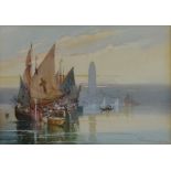 An early 20th century framed and glazed watercolour, sailing barges in a lagoon, indistinctly signed