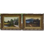 A pair of 19th century gilt framed oils on panel, country landscapes, unsigned. H.34cm W.44cm
