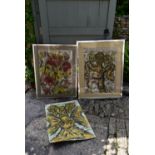 Three paintings on textile, one unframed, flowers and abstract figures, signed Lansoldi. H.90 W.70cm
