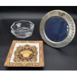 A Versace silver plated picture frame, octagonal glass bowl and a pin dish each with the Versace