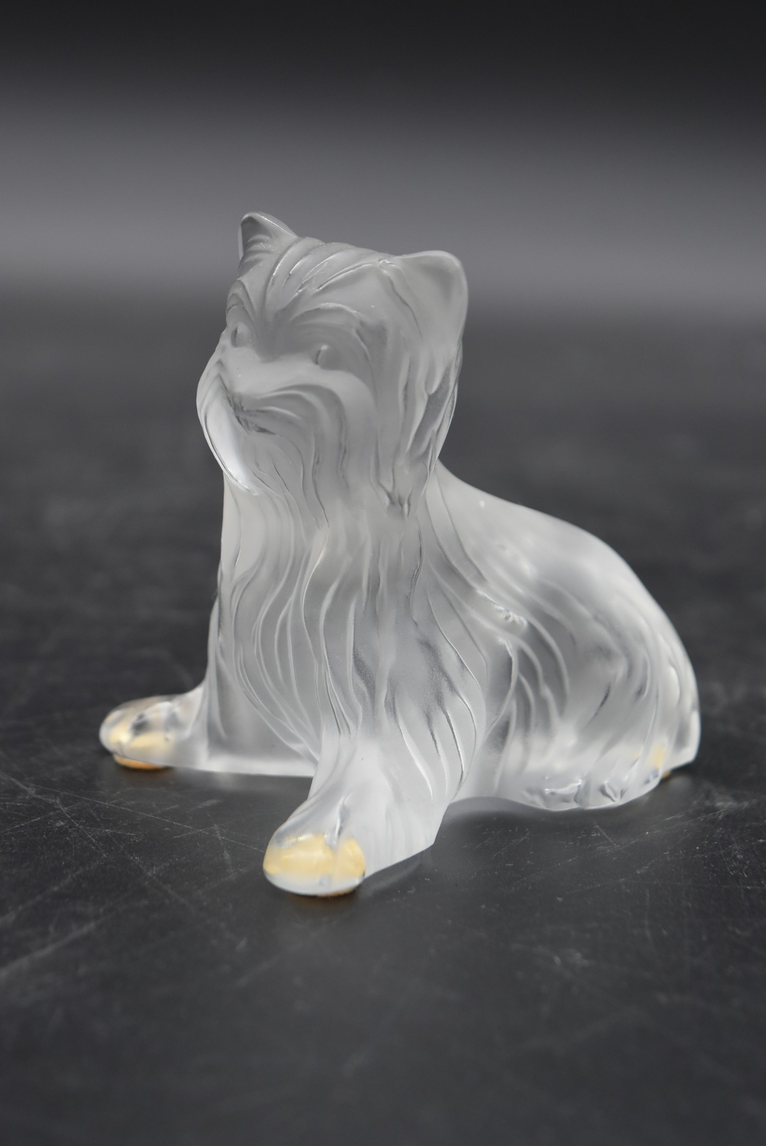 Three Lalique frosted glass figures of Yorkshire Terrier dogs, one standing, one sitting and one - Image 3 of 5