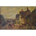 After D Wolstenholme, gilt framed oil on canvas, village scene with inn and horses, Witwell,