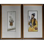 A pair of Eastern framed and glazed paintings on ivory, musicians. H.30cm W.19cm