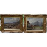 J B Noel, a pair of gilt framed oils on canvas, hunting scenes with riders and foxhounds, signed and