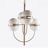 A new in the box Pure White Lines of London four branch brass and opaque white glass domed shade