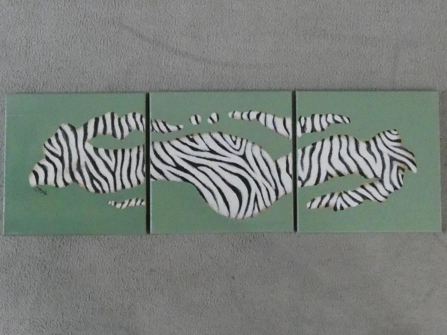 A triptych of three oils on canvas depicting an abstract zebra stripe design, signed Naluyele, 2005.