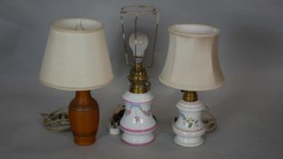 A vintage basket weave design table lamp and two others in the style of Victorian milk glass oil