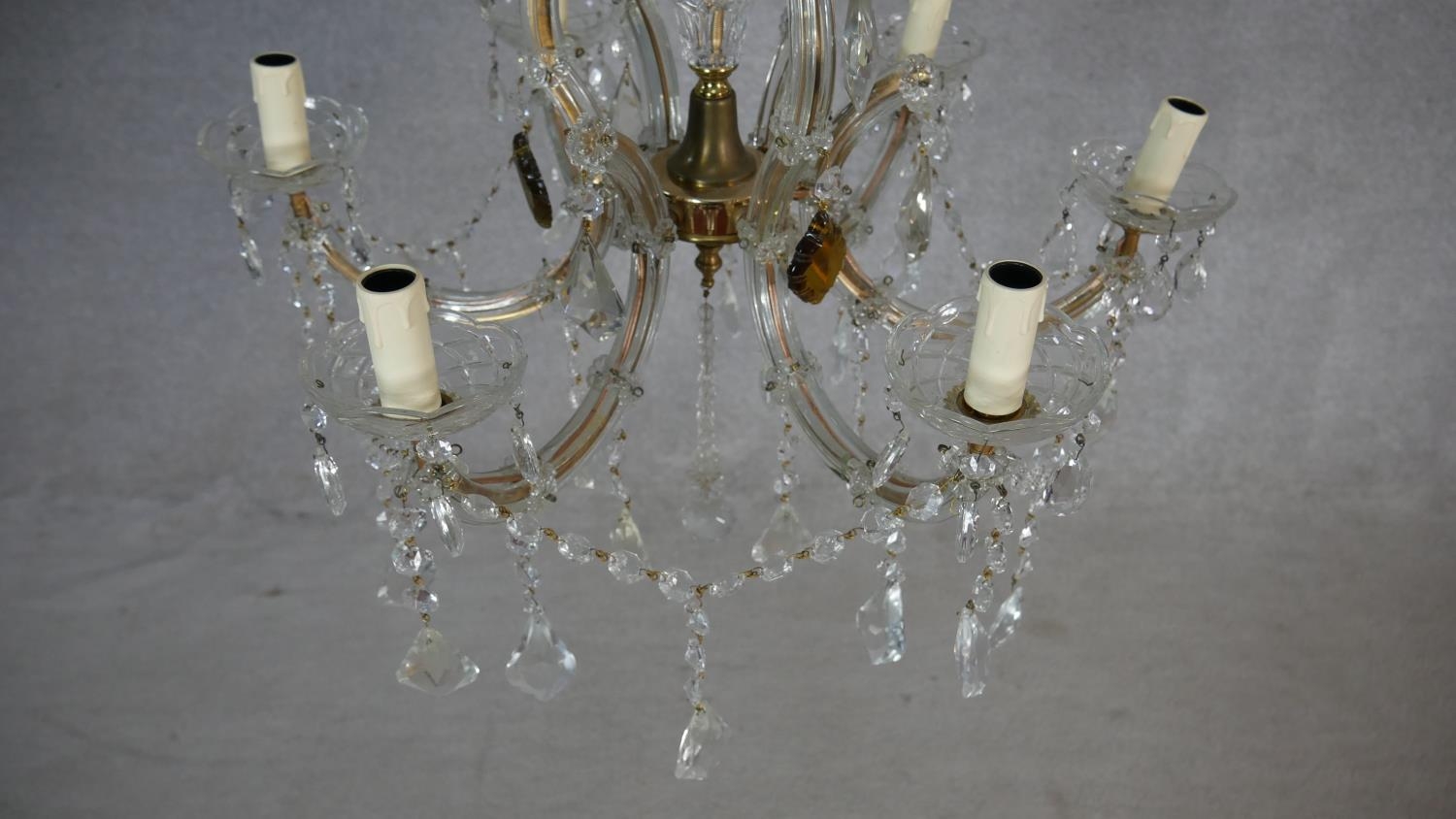 A vintage gilt metal and glass six branch chandelier with crystal drops and swags. W.60cm - Image 3 of 6