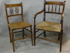 A 19th century elm country armchair with rush seat on faux bamboo supports and a similar side