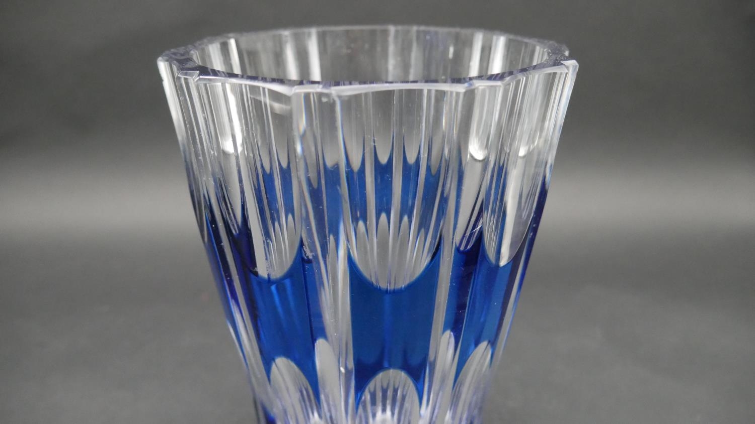 A mid century Val St Lambert blue cut to clear glass crystal vase along with a blown Bristol blue - Image 3 of 6