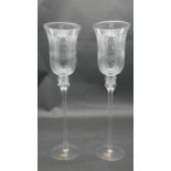 A pair of engraved crystal goblet shaped candle holders by Villacollection, Denmark. Engraved with