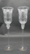 A pair of engraved crystal goblet shaped candle holders by Villacollection, Denmark. Engraved with