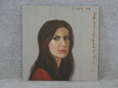 Hala Muhanna, oil on canvas, self portrait with inscription; if I change my point of view, would