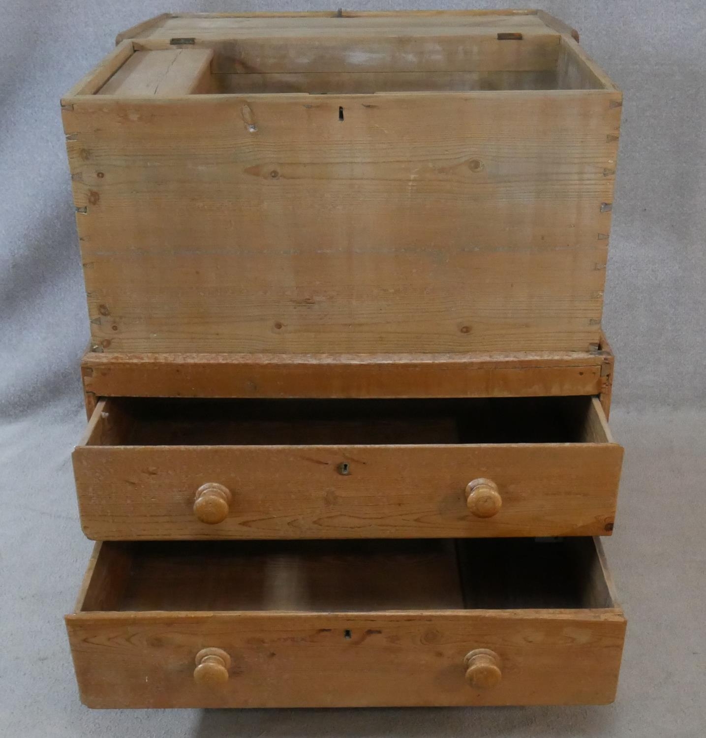 A 19th century pine mule chest with lidded coffer section fitted with candle slide above two drawers - Image 2 of 6