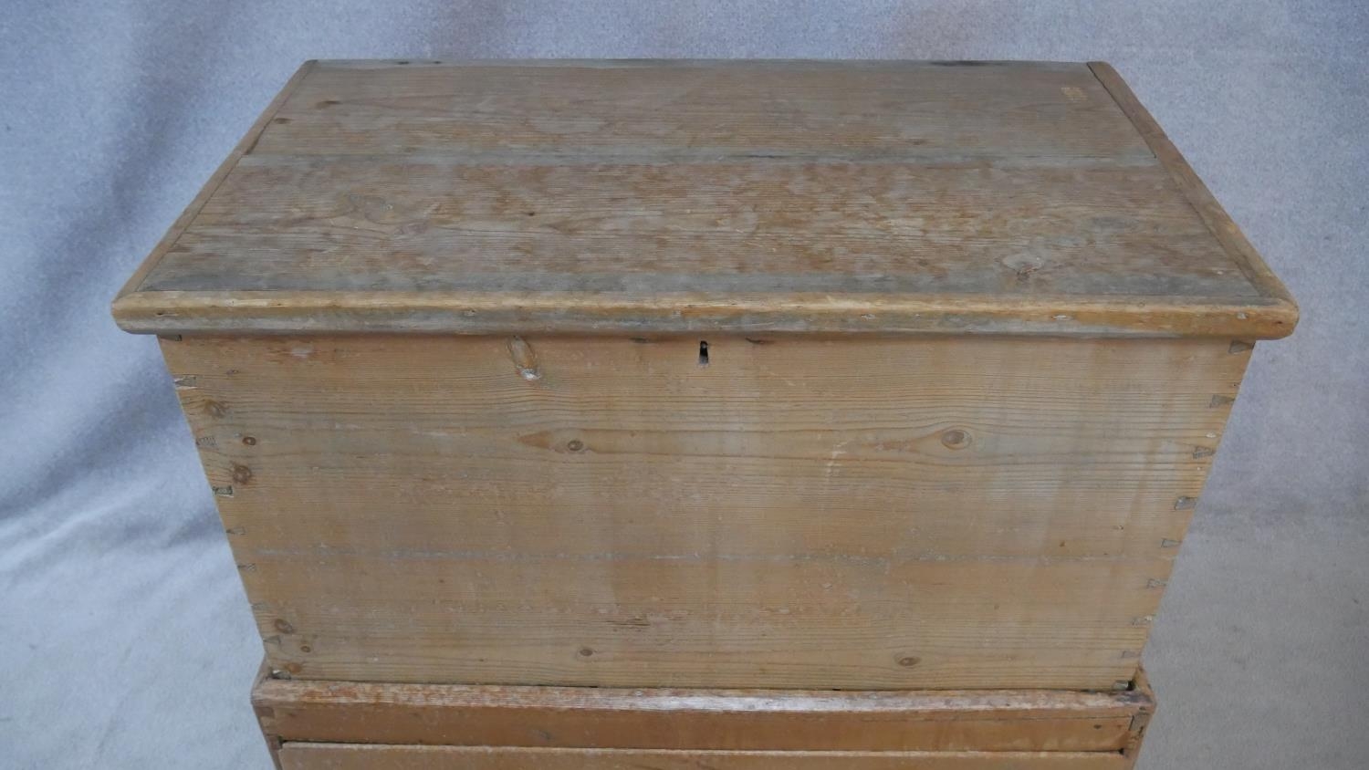 A 19th century pine mule chest with lidded coffer section fitted with candle slide above two drawers - Image 4 of 6