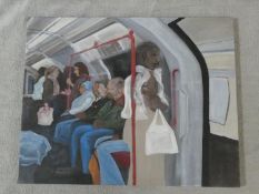 An unframed acrylic on canvas, travellers on the London Underground, unsigned. H.75 W.95cm