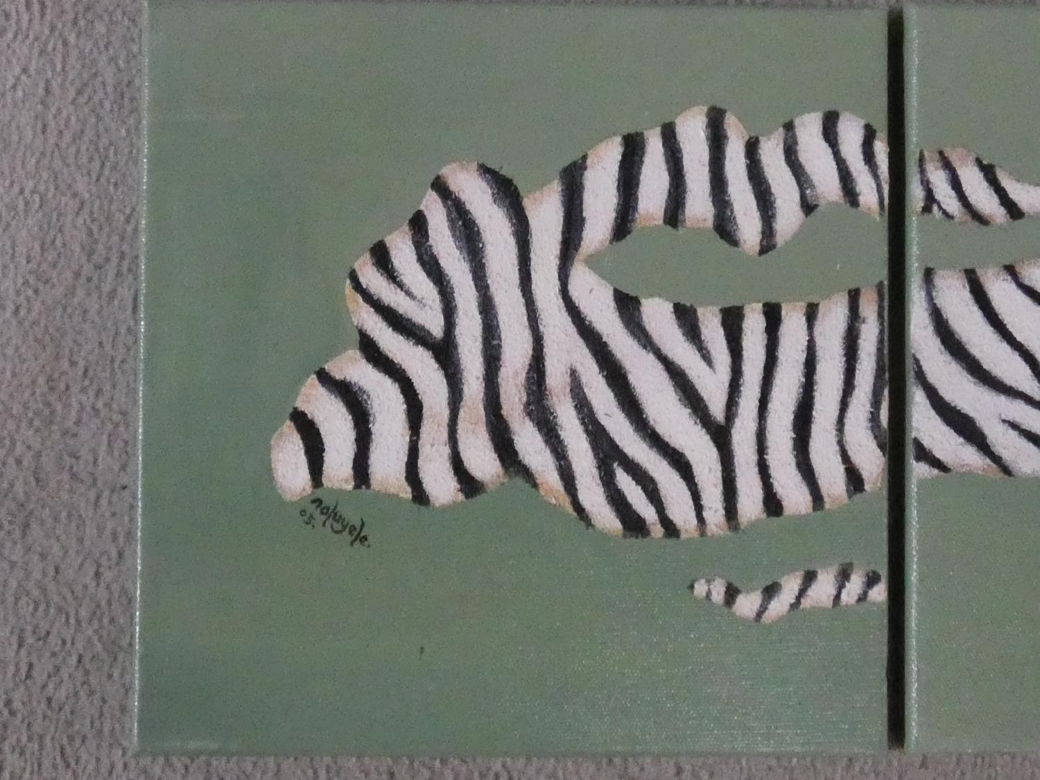 A triptych of three oils on canvas depicting an abstract zebra stripe design, signed Naluyele, 2005. - Image 2 of 5