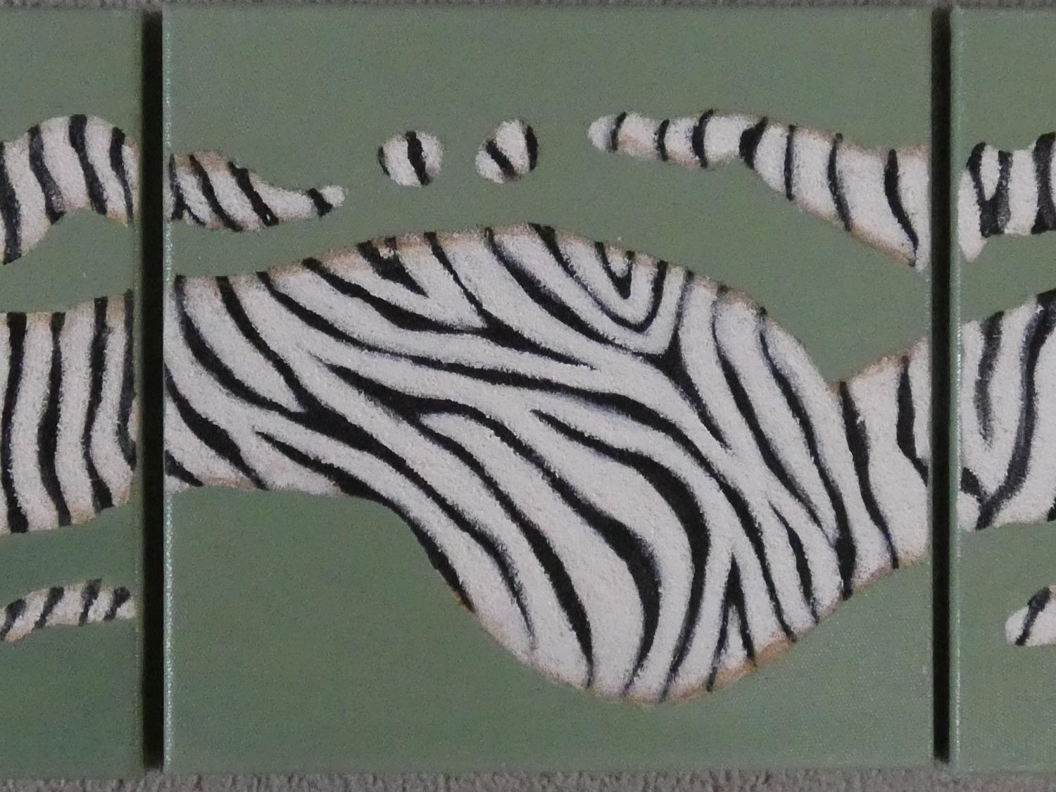 A triptych of three oils on canvas depicting an abstract zebra stripe design, signed Naluyele, 2005. - Image 3 of 5