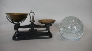 A set of vintage W&T Avery brass and painted iron 2lb weighing scales along with a large clear