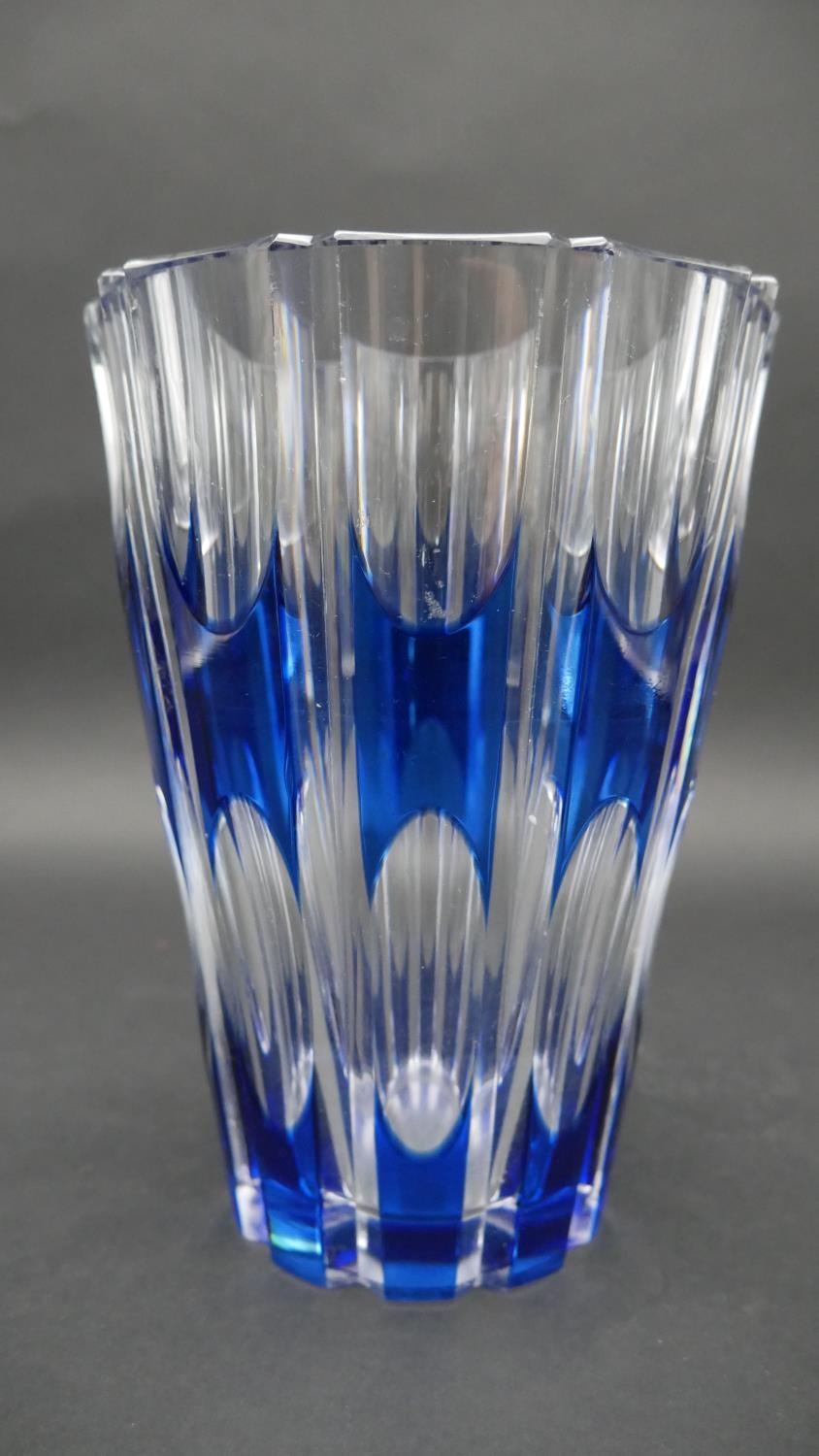 A mid century Val St Lambert blue cut to clear glass crystal vase along with a blown Bristol blue - Image 2 of 6