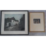 Two framed and glazed tinted etchings, both indistinctly signed, one of a country farmouse and the