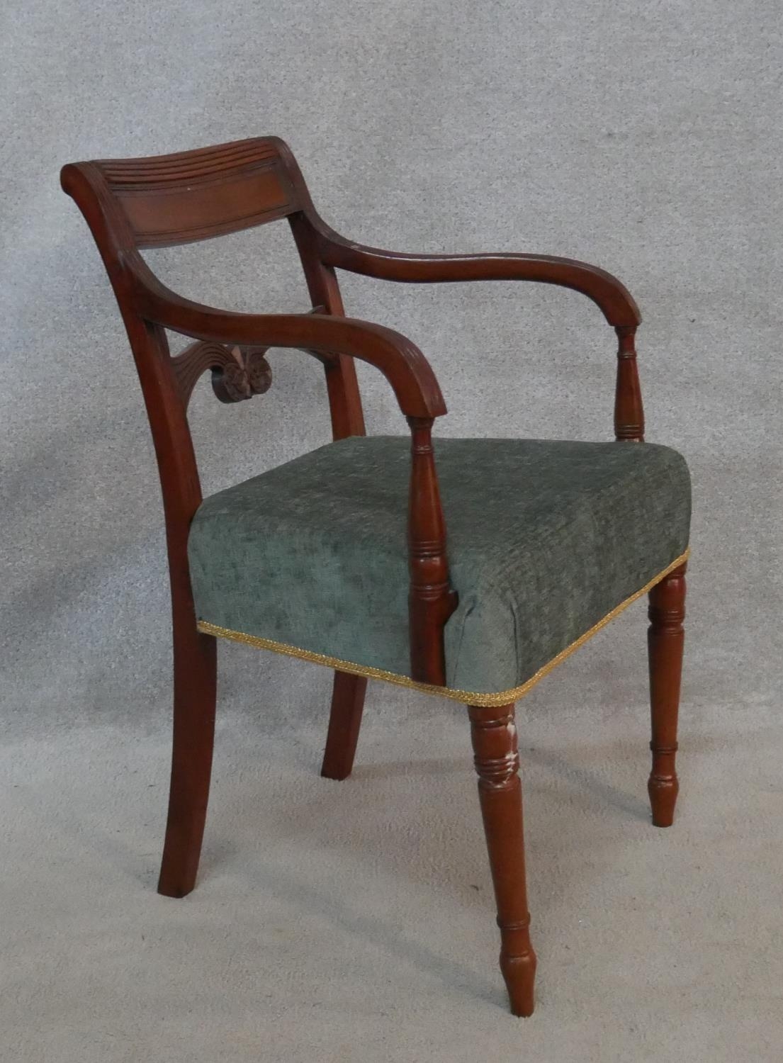 A Regency mahogany carved bar-back armchair on tapering ring turned supports. H.79cm - Image 2 of 6