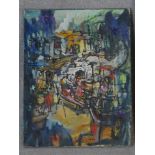 An oil on canvas depicting an abstract market place with café scene. Indistinctly signed. H.58 W.