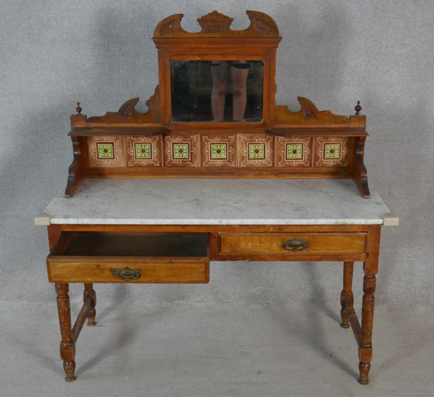 A late Victorian satin walnut washstand with carved and tiled mirrored upstand above marble top - Image 2 of 12