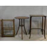 Two bentwood occasional tables and an oak bobbin turned stick stand. H.73 L.49 W.36cm