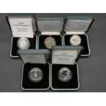 Five Royal Mint silver two pound proof coins. Including Rugby Word Cup, two 1995 Second World War