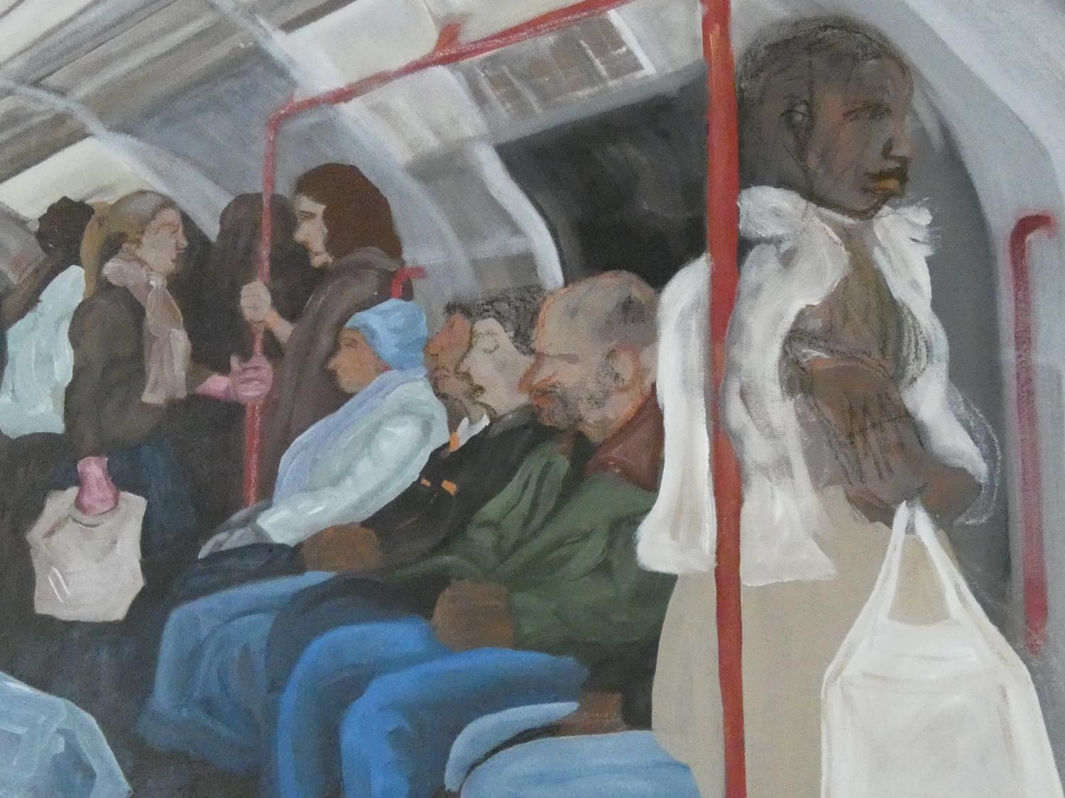 An unframed acrylic on canvas, travellers on the London Underground, unsigned. H.75 W.95cm - Image 2 of 5