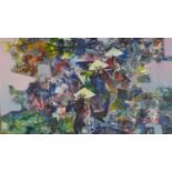 A framed oil on canvas, abstract Chinese figures, indistinctly signed. H.62.5 W.62.5cm