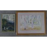 A framed and glazed watercolour of a forest, indistincly signed and dated along with a framed oil on