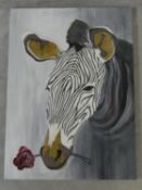 An acrylic on canvas, portrait of a zebra, indistinctly signed and dated. H.95 W.70cm