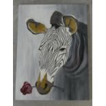 An acrylic on canvas, portrait of a zebra, indistinctly signed and dated. H.95 W.70cm