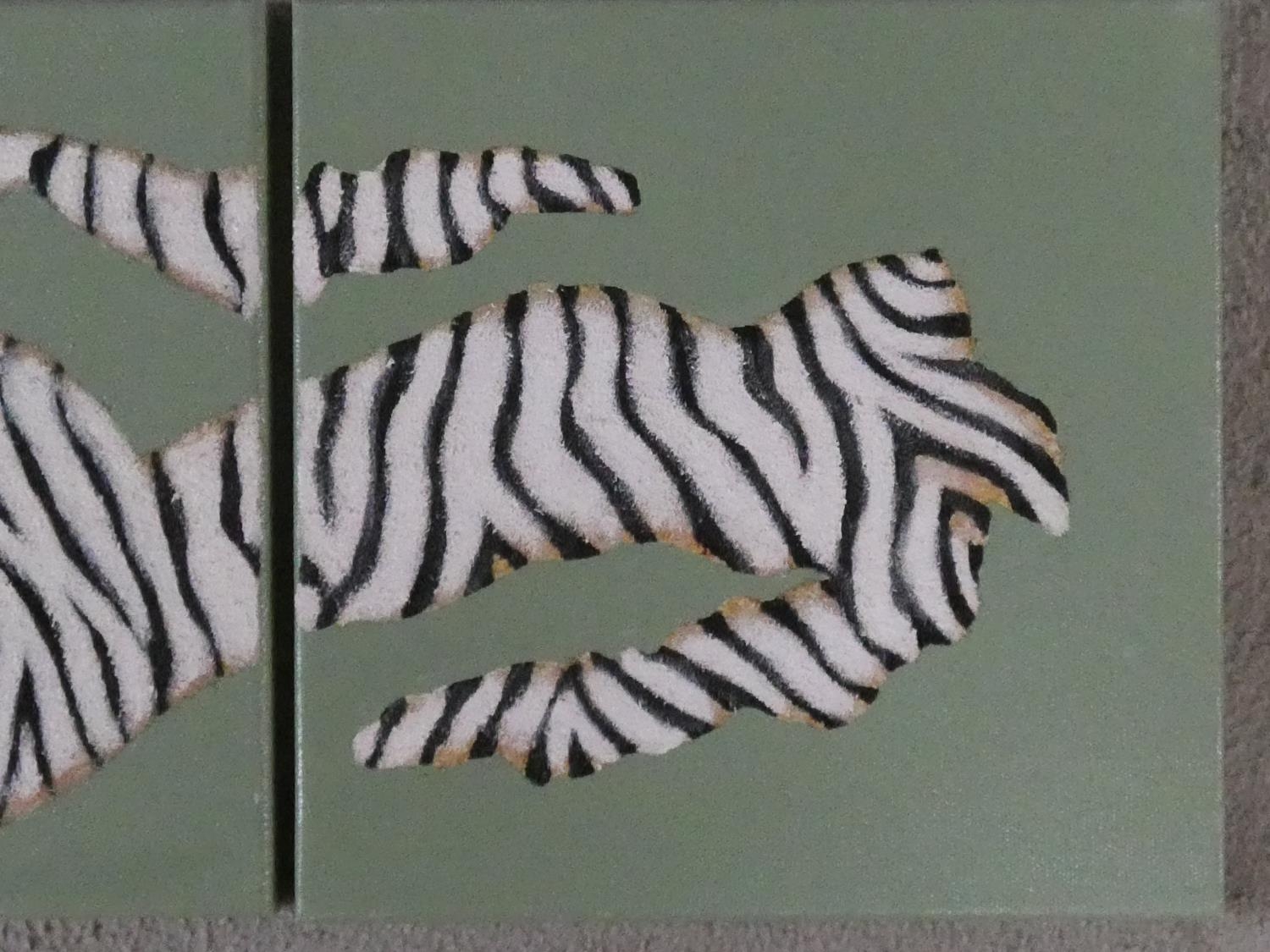 A triptych of three oils on canvas depicting an abstract zebra stripe design, signed Naluyele, 2005. - Image 4 of 5