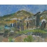 A mono print by Joy Paul, Hills of Patmos, signed, framed and glazed. H.54 W.64cm