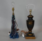 A toleware lamp base of urn shape and a vintage coloured glass table lamp on spiral twist base. H.