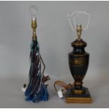 A toleware lamp base of urn shape and a vintage coloured glass table lamp on spiral twist base. H.