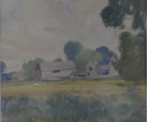 James Armstrong, a framed and glazed watercolour, rural landscape with farmhouse and barn, signed.