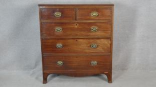 A Regency mahogany chest of drawers with original floral embossed brass plate handles on swept