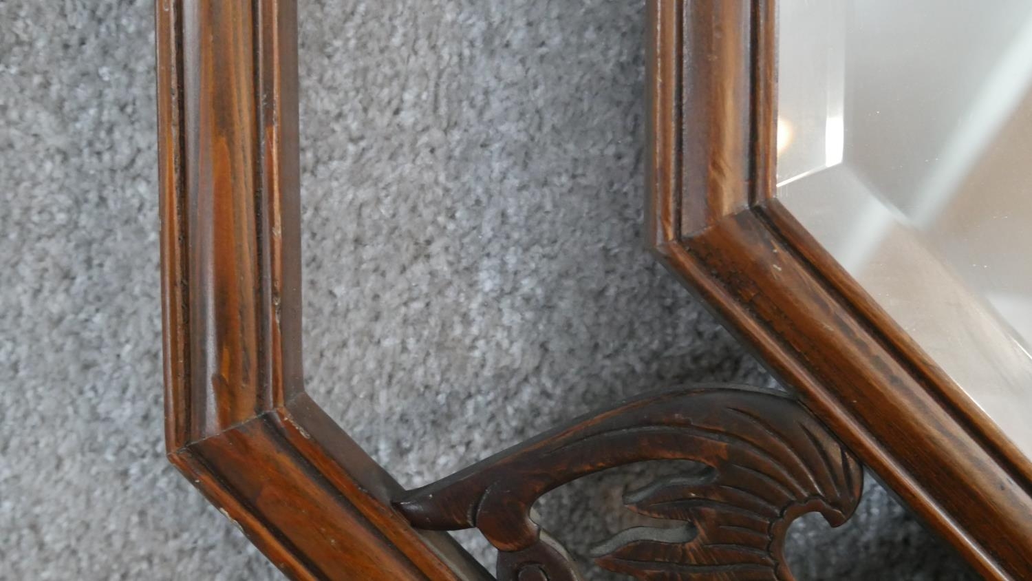 An Eastern teak bevelled plate wall mirror with Chinese bat carvings to the open fretwork frame. H. - Image 3 of 5