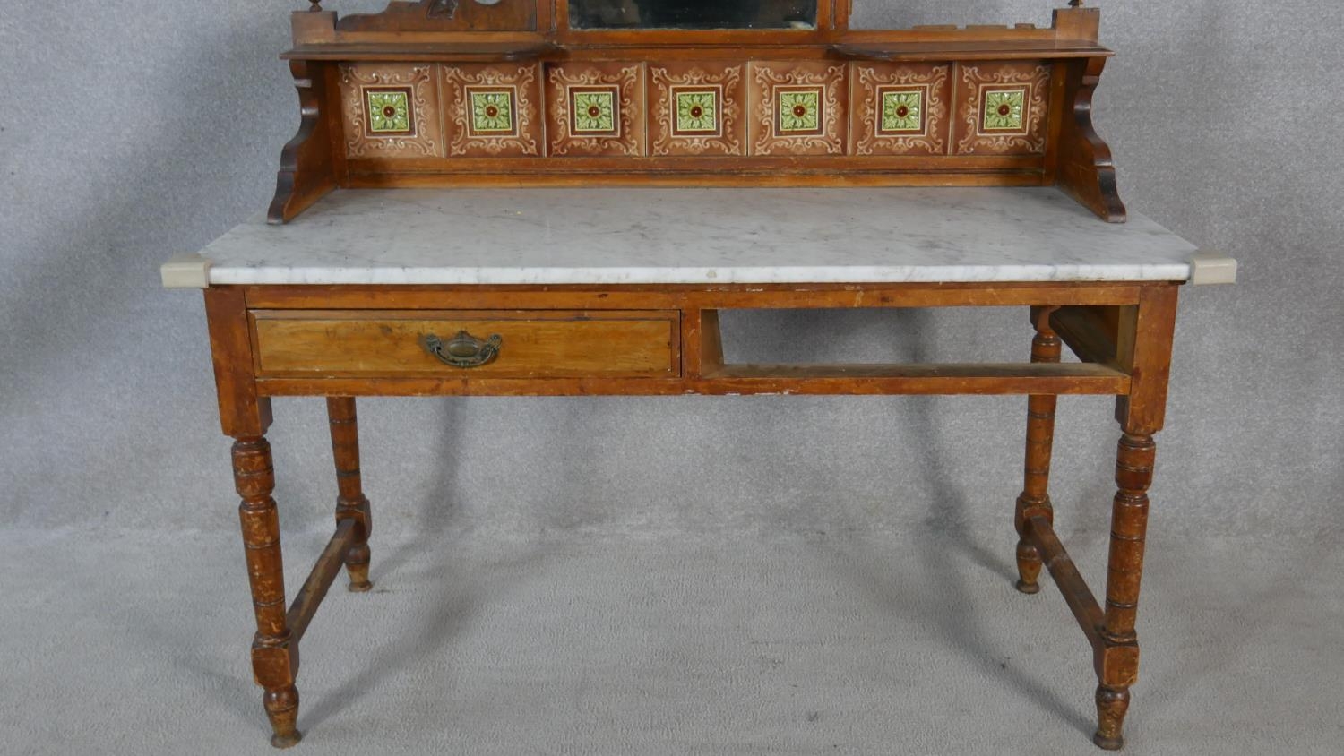 A late Victorian satin walnut washstand with carved and tiled mirrored upstand above marble top - Image 11 of 12