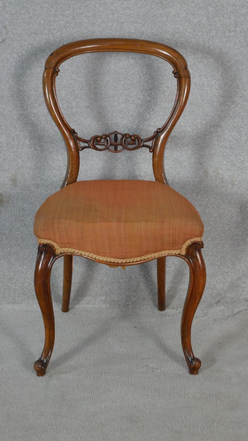 A set of five carved mahogany balloon back dining chairs with stuff over seats on cabriole supports. - Image 2 of 10