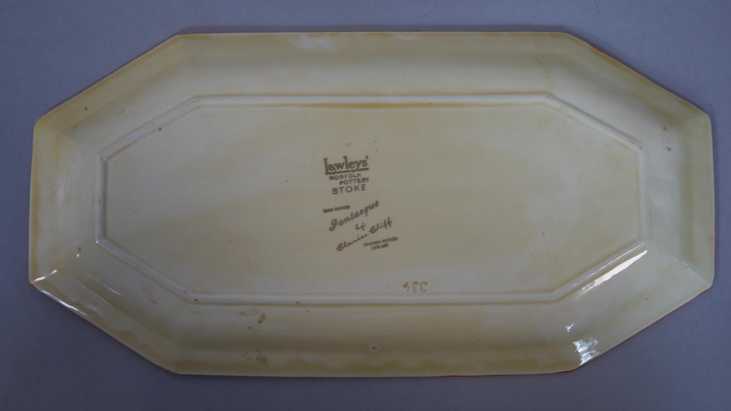 Clarice Cliff, Broth pattern A shape 334 sandwich tray, hand painted with a central roundel of green - Image 4 of 5